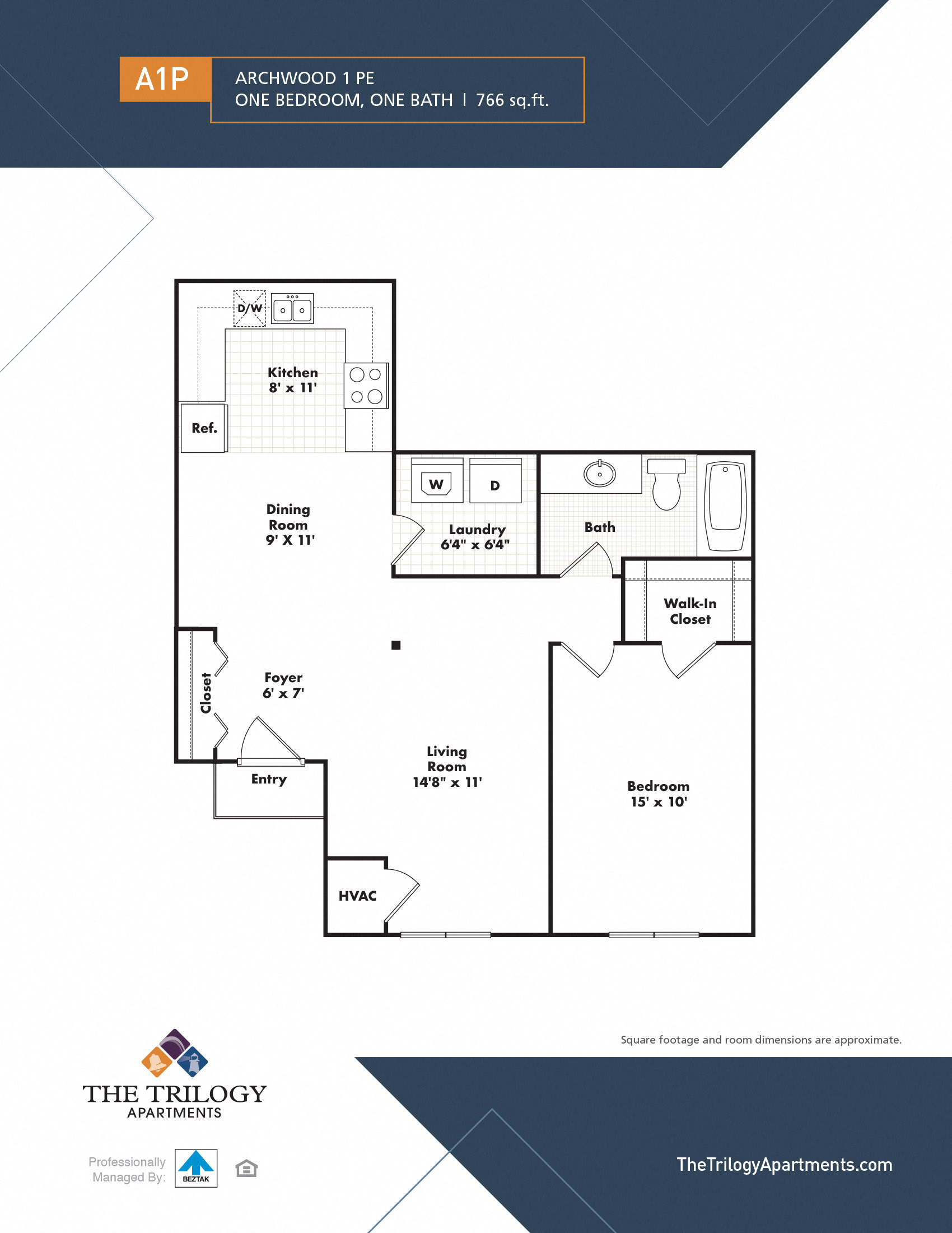 Floor plan for 1 bed, 1 bath, 766 sqft